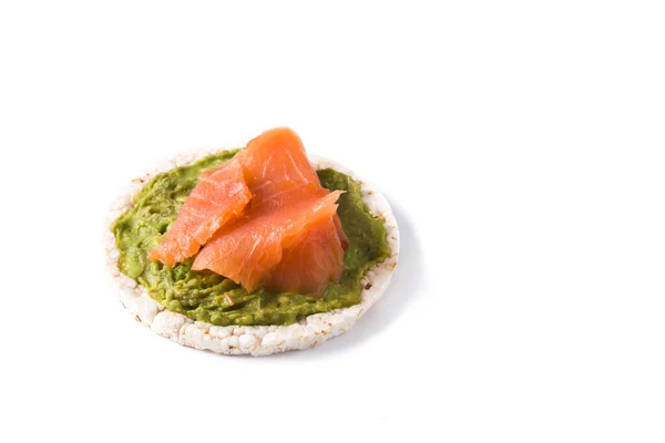 Puffed Rice Cake Guacamole Salmon Isolated White Background Copy Space — Stock Photo, Image