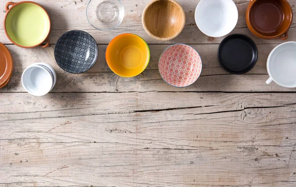 Set Different Empty Bowls Wooden Background Top View Copy Space — Stock Photo, Image