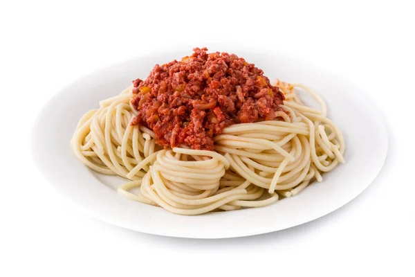 Spaghetti Con Salsa Bolognese Isolati Fondo Bianco — Foto Stock