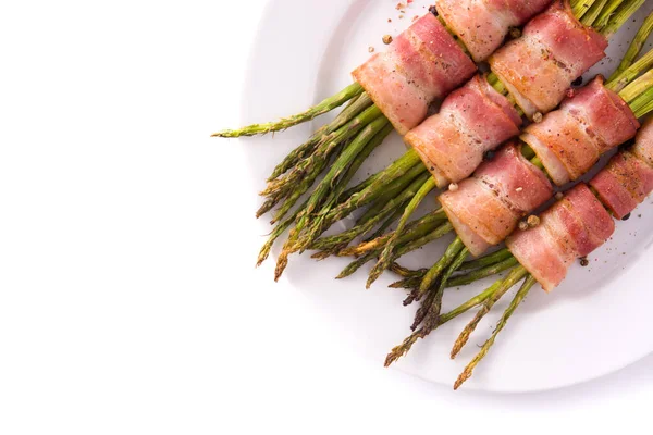 Grön Sparris Lindad Med Bacon Isolerad Vit Bakgrund Högst Upp — Stockfoto