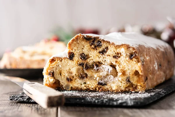 Christmas Stollen Fruit Cake Wooden Table — Stock Photo, Image