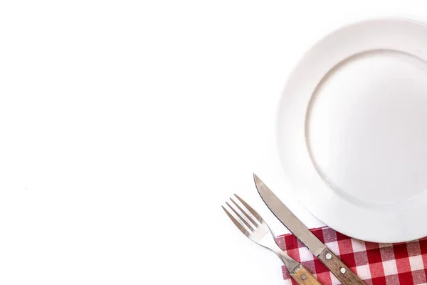 Empty White Plate Fork Knife Isolated White Background Dinner Concept — Stock Photo, Image