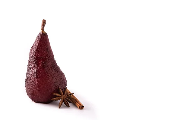 Poached Pears Red Wine Isolated White Background Copy Space — Stock Photo, Image