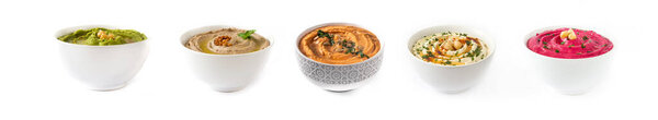 Set of different hummus isolated on white background. Panorama view