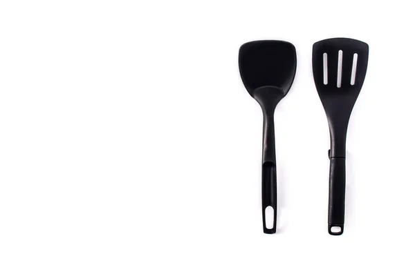 Spatola Cucina Plastica Nera Cucchiaio Isolato Sfondo Bianco — Foto Stock