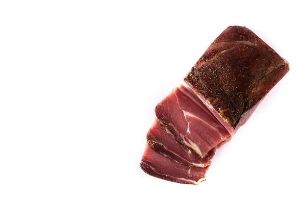 Getrocknetes Und Geräuchertes Fleisch Isoliert Auf Weißem Hintergrund Draufsicht Kopierraum — Stockfoto