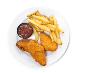 Crispy fried chicken tenders with french fries isolated on white background. Top view. Copy space