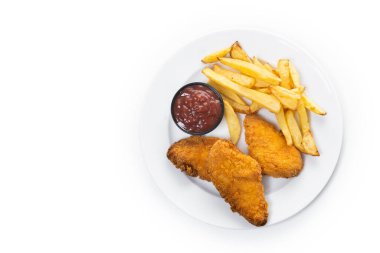 Crispy fried chicken tenders with french fries isolated on white background. Top view. Copy space