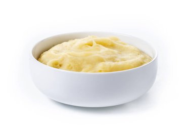 Basit bir seramik kasede servis edilen kremalı patates püresi. Klasik ev yapımı meze, beyaz arka planda izole edilmiş, yemek ve tatil stoku fotoğrafçılığı için mükemmel..