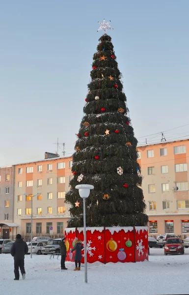Weihnachtsbaum Auf Dem Zentralen Platz Kandalaksha — Stockfoto