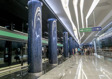 Saint-Petersburg.Russia.May 27, 2018.The platform and interior of the station Novokrestovskaya in Saint-Petersburg subway. clipart