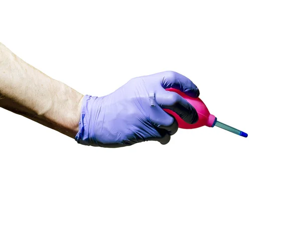 Hand Glove Holding Enema Form Pear Isolated White Background — Stock Photo, Image