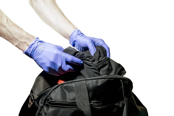 Hands Gloves Inspect Things Bag Isolated White Background — Stock Photo, Image