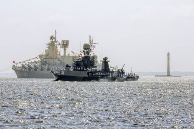 Saint-Petersburg.Russia.29 July 2018.Parade of warships on the day of the Navy in the waters of Kronstadt in St. Petersburg. clipart