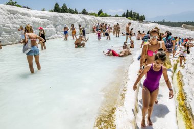 Pamukkale. Turkey.June 7, 2018.Tourists beyaz