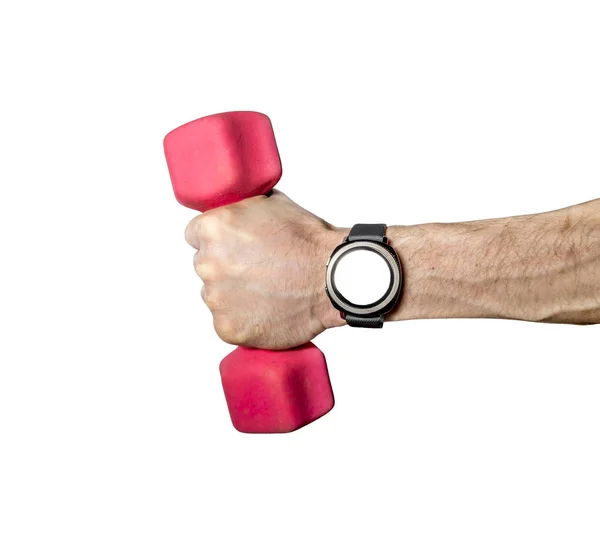 Sports smart watch on athlete's hand holding a dumbbell — Stock Photo, Image