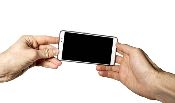 Smartphone i mäns hand på vit bakgrund — Stockfoto