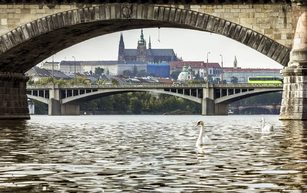 Utsikt över broarna över Vltava och Prags slott i Prag. — Stockfoto