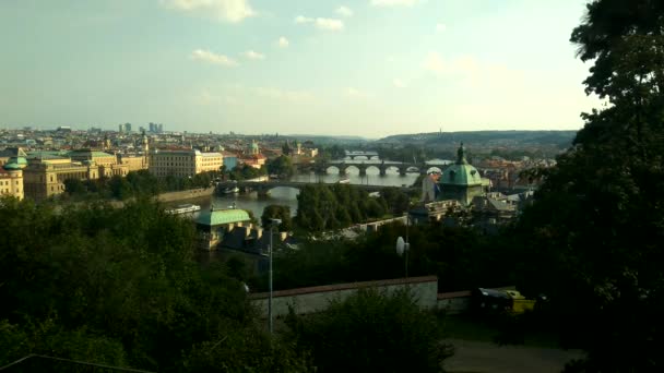 Prague Czech Republic 2019年8月31日ヴルタヴァ川とプラハ市内の橋の眺め — ストック動画