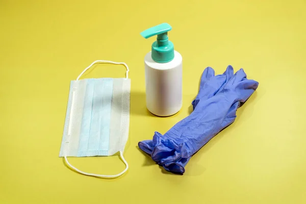 Sanitizer Antiviral Mask Medical Gloves Yellow Background — Stock Photo, Image
