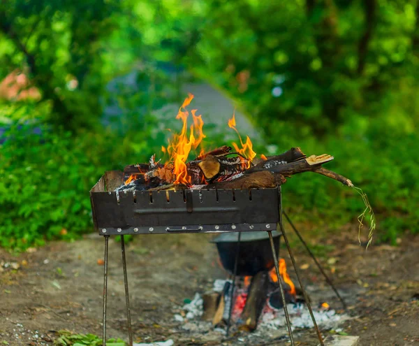 석탄이 구이에 대비하여 예쁜 정원에 서있는 바베큐에서 불타는 불꽃 — 스톡 사진