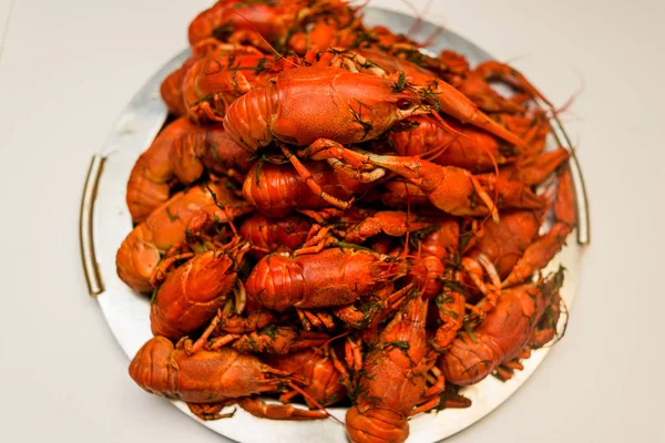 Un montón de cangrejos de río rojos cocidos en un plato de eneldo. De cerca. Macro mode.Deliciosa comida marinera . . — Foto de Stock