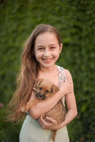 Malá blondýnka s jejím mazlíčkem psa outdooors v parku. — Stock fotografie