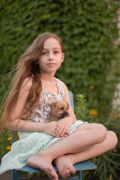 Una niña rubia con su perro mascota en el parque. — Foto de Stock