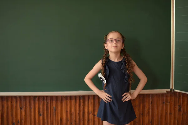 Petite écolière debout au tableau noir. Écolière avec deux nattes dans des lunettes . — Photo