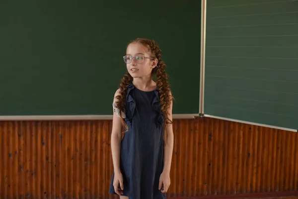 Petite écolière debout au tableau noir. Écolière avec deux nattes dans des lunettes . — Photo