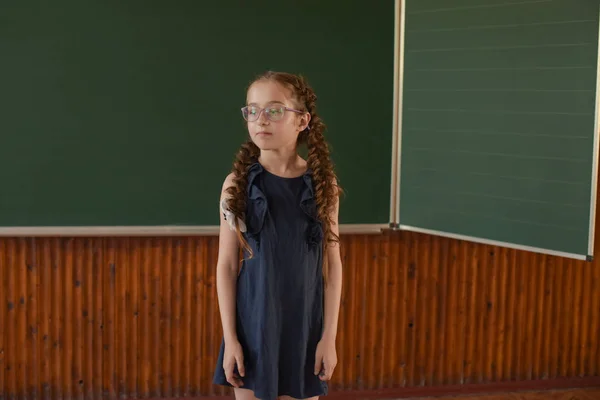 Μια μικρή μαθήτρια που στέκεται στον πίνακα. Μαθήτρια με δύο κοτσίδες σε γυαλιά. — Φωτογραφία Αρχείου