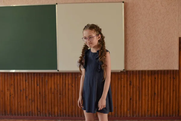 Uma colegial no quadro negro. Estudante com duas tranças em óculos . — Fotografia de Stock