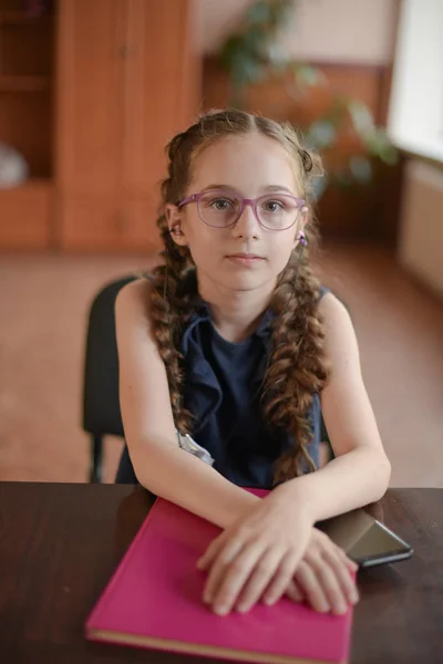 Colegiala sentada en la mesa con libros de texto en el aula. Chica en un vestido azul con coletas . —  Fotos de Stock
