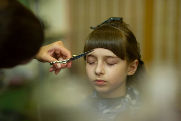 Hairdresser making a hair style to cute little girl