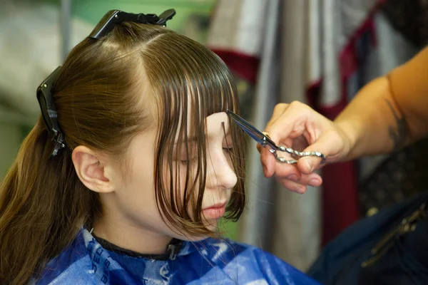 귀여운 소녀에게 머리 모양을 만드는 헤어 드레서 — 스톡 사진