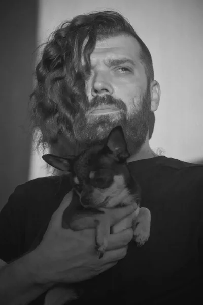 Un homme barbu embrasse un petit chien Chihuahua . — Photo