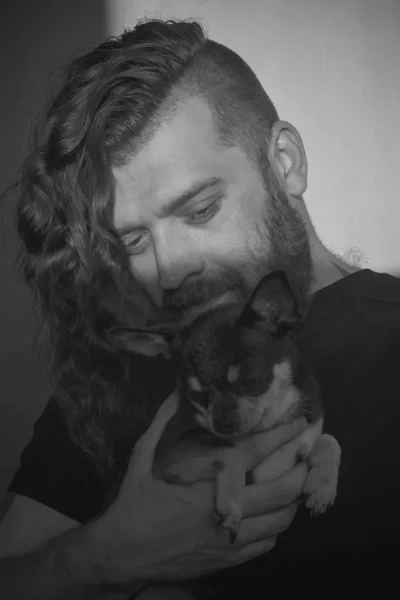 一个留着胡子的男人拥抱一只小狗品种奇瓦瓦. — 图库照片