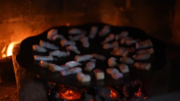 サロは火のストーブの中でフライパンで揚げられます バーベキューでラードを焙煎 夏の屋外でのバーベキュー 豚の脂肪が賭け金でストリートフードを調理する 食べ物で休むたき火ベーコン豚肉 ウクライナ料理 — ストック動画