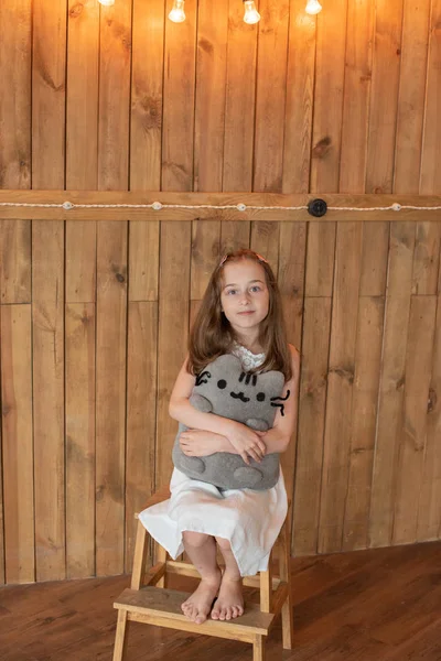 Gri kedi oyuncak ile küçük kız