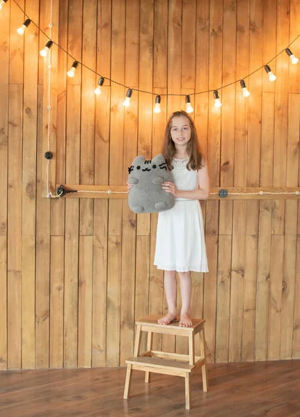 Gri kedi oyuncak ile küçük kız