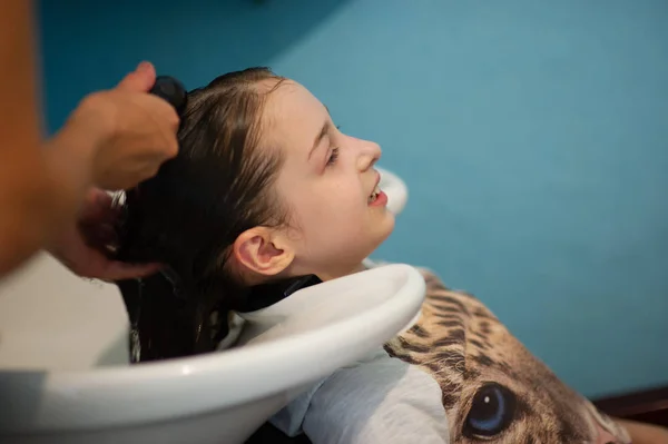 Peluquería estilista hace un peinado para una niña linda en un salón de belleza. Peluquería, corte de pelo . —  Fotos de Stock