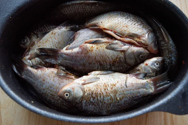 one crucian carp river fish in a round aluminum bowl on a wooden table