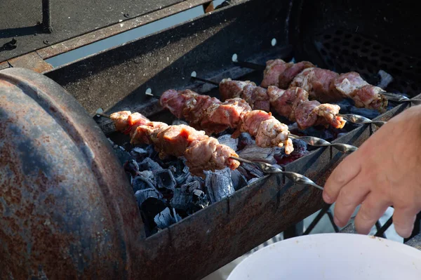 Špejle na špejlích. Grilované kebab vaření na kovovém špejli. — Stock fotografie