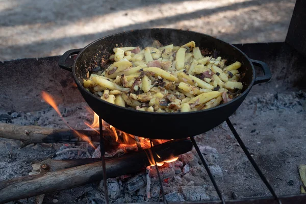 Hot big wok pan full of fried tasty potato on the fire in the forest