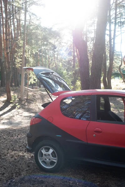 Picnic, coche aparcado en un claro en las montañas en la hierba verde — Foto de Stock