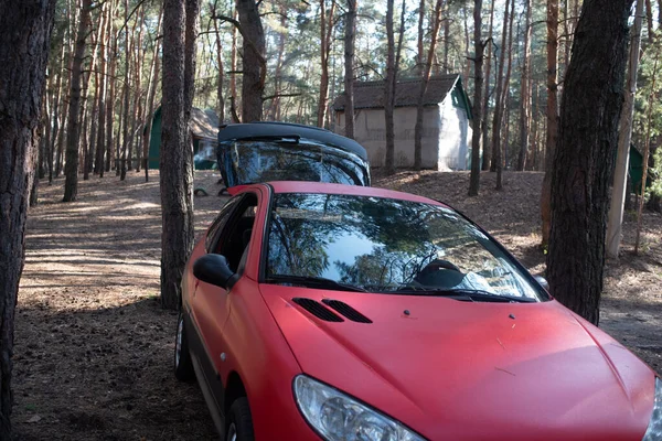 Picnic, coche aparcado en un claro en las montañas en la hierba verde — Foto de Stock