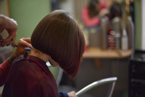 Stylist hairdresser makes a hairstyle for a cute little girl in a beauty salon.