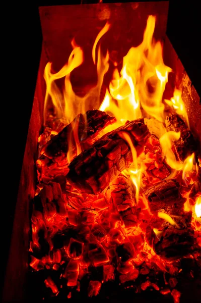 Şenlik ateşi gecesi. Akşamları kazıkta yemek pişirmek için ızgarada odun ateşleme. Akşamları ateşin ışığı. — Stok fotoğraf