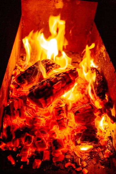 たき火の夜。夕方に杭を調理するためのグリルで薪の点火。夜の炎の光. — ストック写真