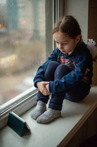 Beautiful Cute Caucasian Female Kid Sitting Windowsill Little Girl Sits — Stock Photo, Image